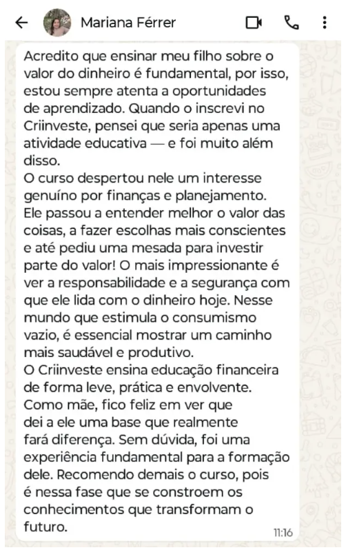 Depoimento real de pai ou aluno do CRIINVESTE — 8