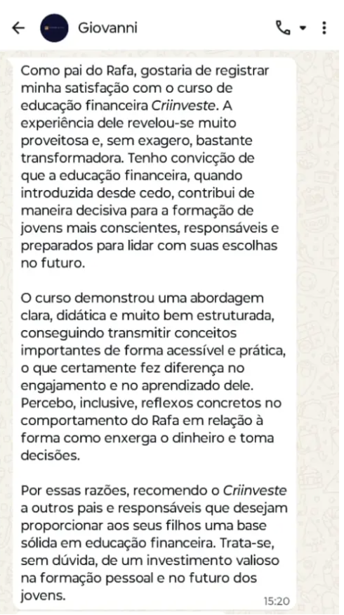 Depoimento real de pai ou aluno do CRIINVESTE — 2