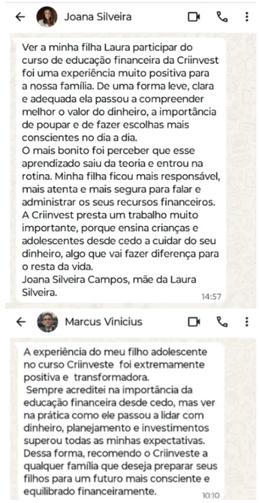 Depoimento real de pai ou aluno do CRIINVESTE — 9