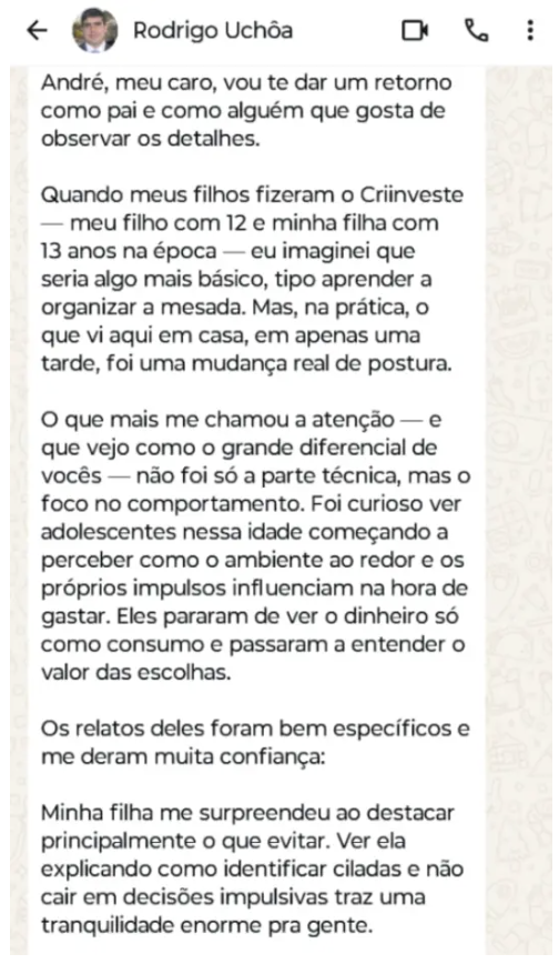 Depoimento real de pai ou aluno do CRIINVESTE — 4